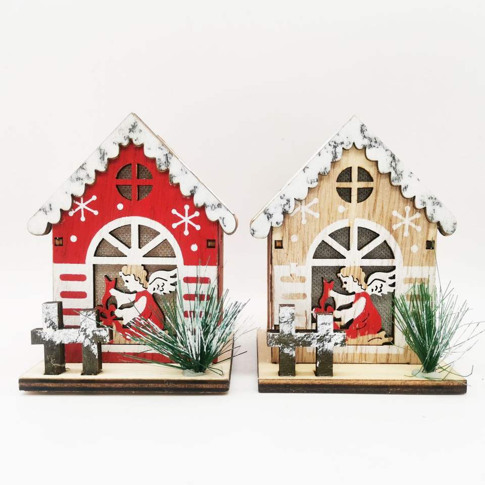Venta caliente artesanías de madera LED iluminación ángel pequeña casa adornos brillantes decoraciones de Navidad