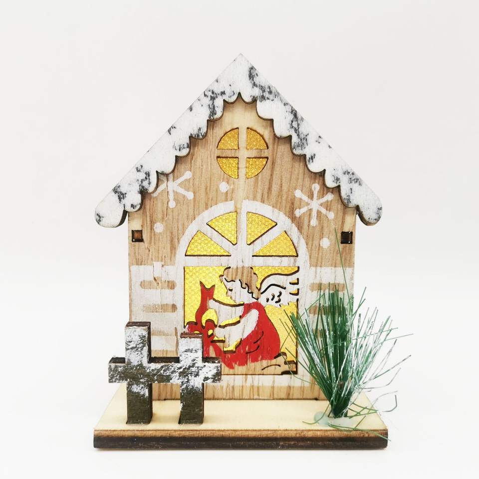 Venta caliente artesanías de madera LED iluminación ángel pequeña casa adornos brillantes decoraciones de Navidad