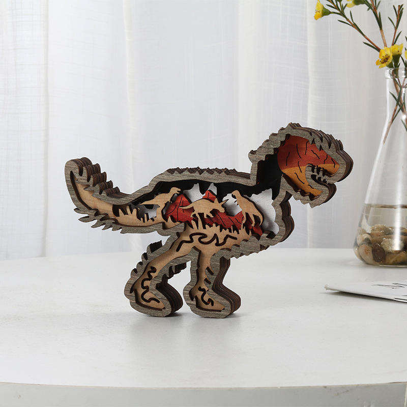 Gran venta de dinosaurios tallados, artesanías, decoración de oficina, casa de madera de dinosaurio de varios pisos