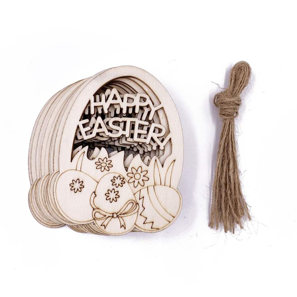 Huevo de Pascua colgante de madera en blanco hueco para decoración de Pascua de madera