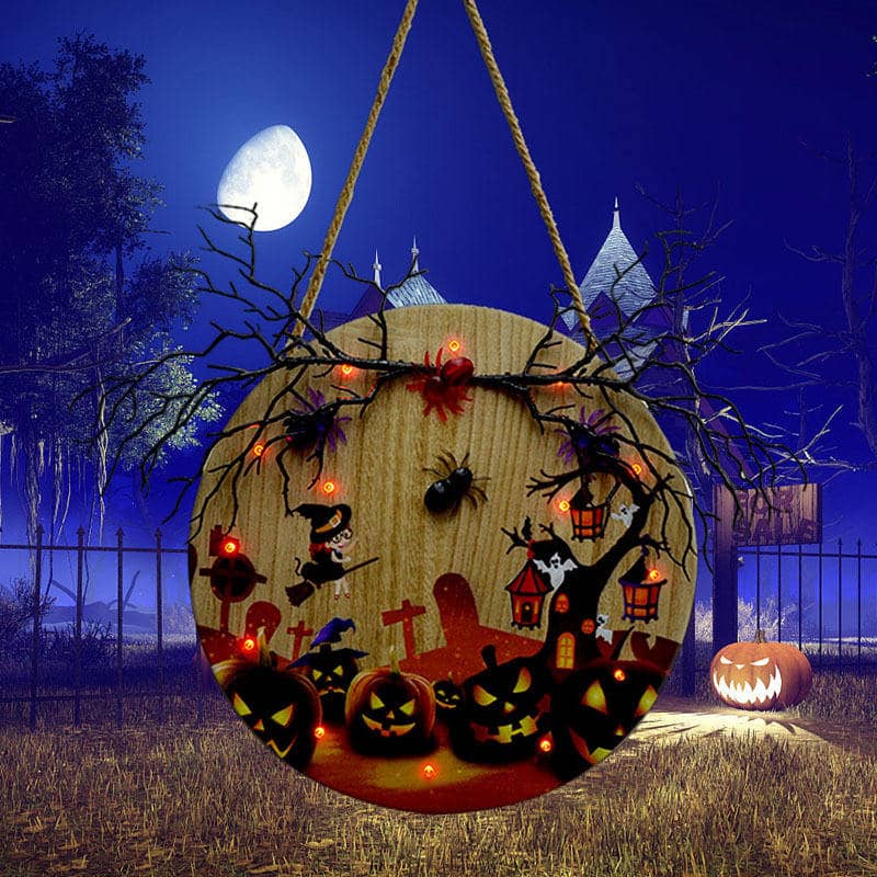 Casa de madera de Halloween con luces decoración del hogar bruja calabaza linterna manualidades lista adornos