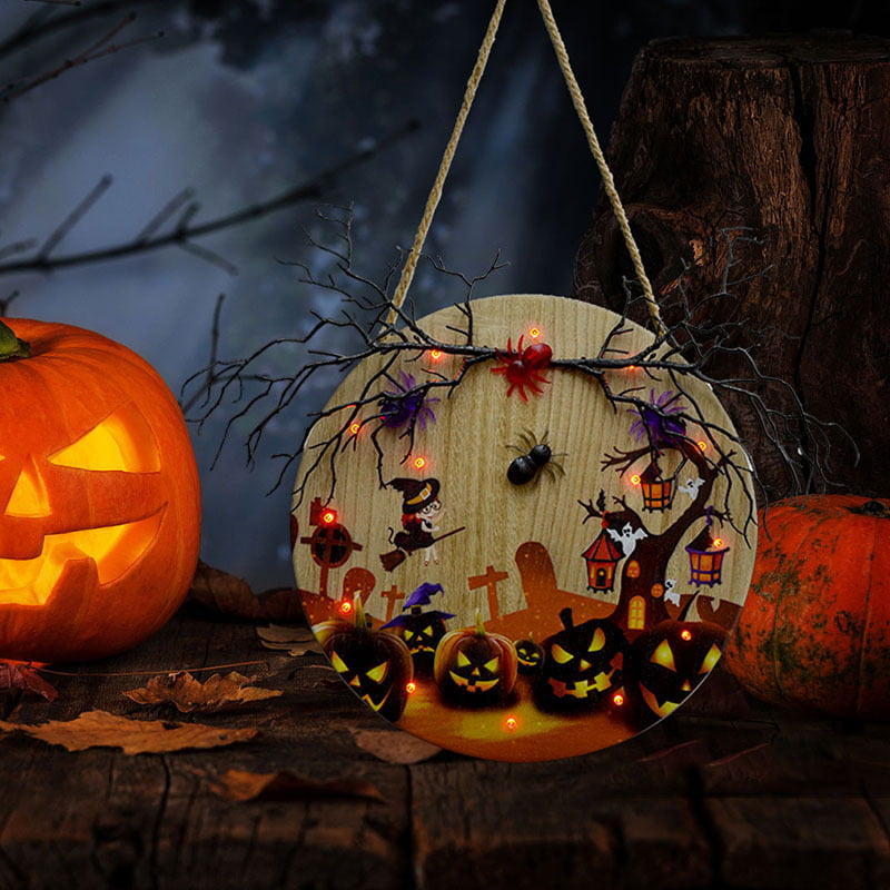 Casa de madera de Halloween con luces decoración del hogar bruja calabaza linterna manualidades lista adornos