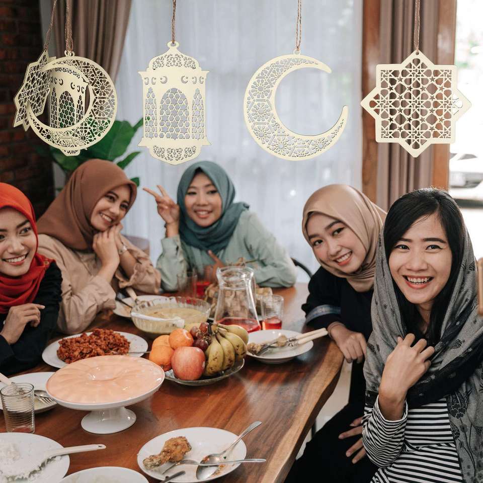 2022 islámico Ramadán estrella Luna adorno bandeja de madera musulmán boda fiesta Ramadán madera decoraciones colgantes